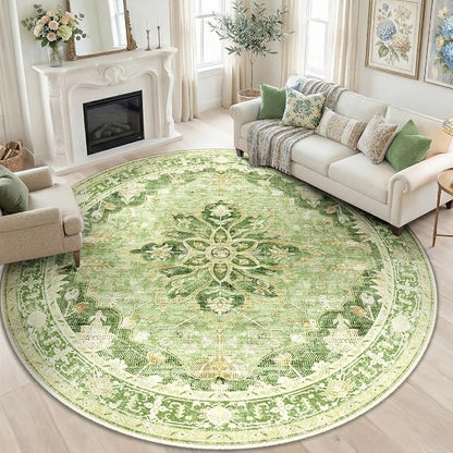 RELEANY Area Rugs Round 8ft Washable Non-Slip, Floral Vintage Distress Print by RELEANY