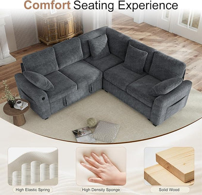 Hanherry Sectional Couch with Pull Out Sofa Bed, Corduroy Sleeper Sofa with 2 - Image 7
