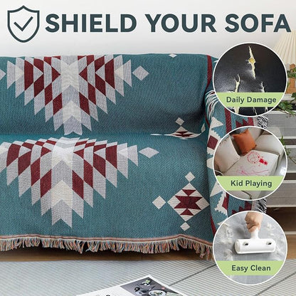 VClife Boho Couch Cover Soft Cotton Linen Blue Red Gray Triangle Plaid - Image 7