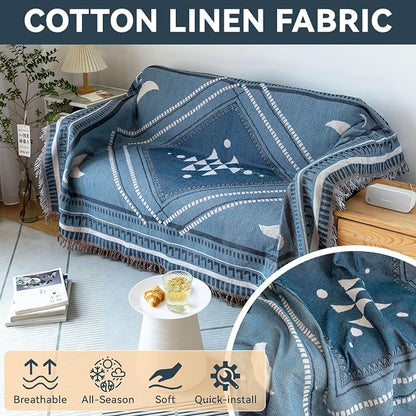 VClife Boho Couch Cover White Blue Plaid Stripe Couch Cover Washable L Shape - Image 2