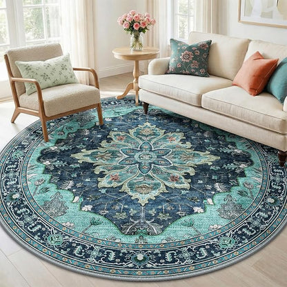 RELEANY Area Rugs Round 6ft Washable Non-Slip, Floral Vintage Distress Print by RELEANY