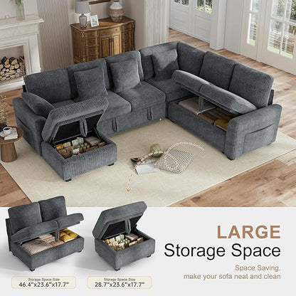 Hanherry Sectional Couch with Pull Out Sofa Bed, Corduroy Sleeper Sofa with - Image 5