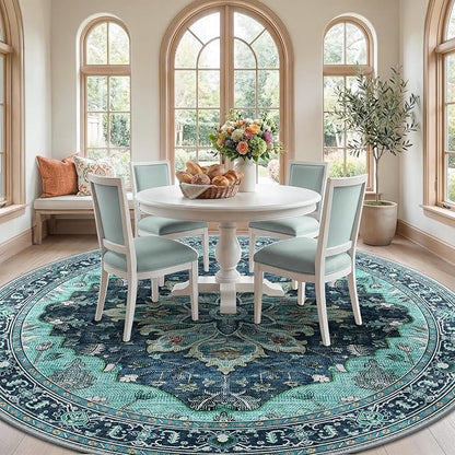 RELEANY Area Rugs Round 8ft Washable Non-Slip, Floral Vintage Distress Print - Image 2
