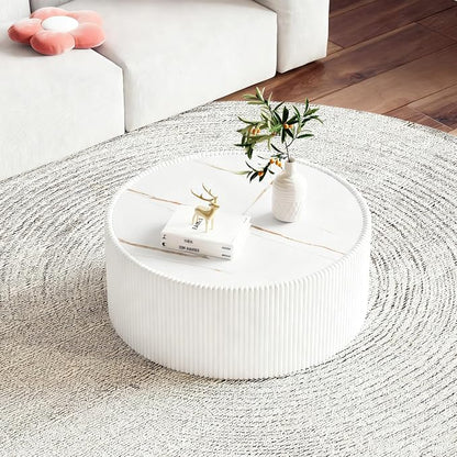 SSLine Round Drum Coffee Table Modern Sintered Stone Top Coffee Table in White - Image 3