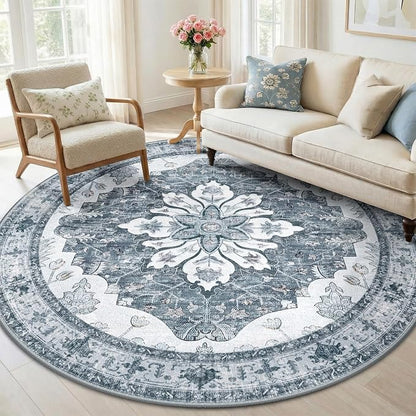 RELEANY Area Rugs Round 6ft Washable Non-Slip, Floral Vintage Distress Print by RELEANY