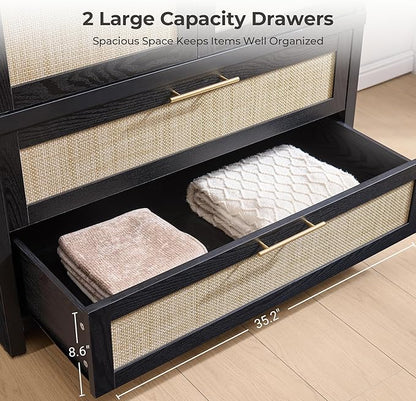 SICOTAS Rattan Armoire Wardrobe Closet Cabinet, 2 Drawers and Hanging Rod - Image 3