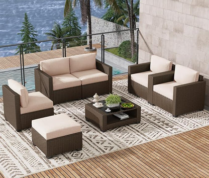 LOUVIXA 7 Piece Outdoor Patio Furniture Set, Rattan Chairs Glass Table Wicker by LOUVIXA
