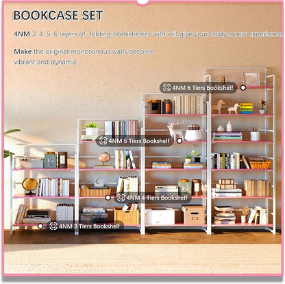 4NM No Assembly 6 Tiers Folding Bookshelf Storage Shelves Vintage Bookcase - Image 5