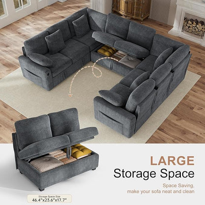 Hanherry Sectional Sofa with Pull Out Couch Bed, 8 Seat Corduroy Sleeper Sofa - Image 4