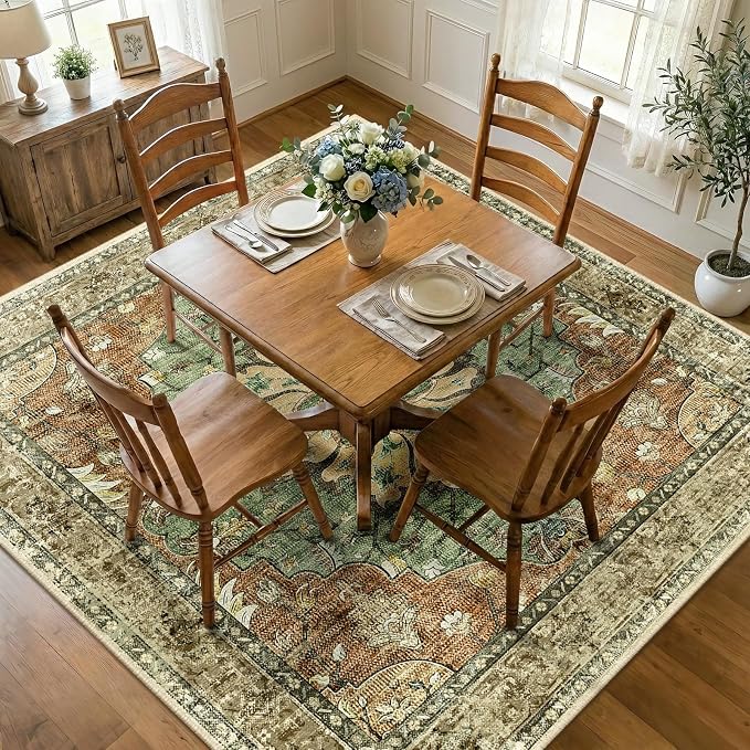 RELEANY Area Rugs Square 8ft Washable Non-Slip, Floral Vintage Distress Print by RELEANY