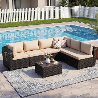 LEVELEVE 7 Pieces Outdoor Patio Furniture Sets, Rattan Conversation Sectional - Image 7