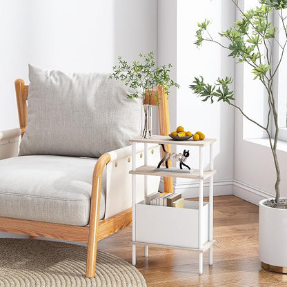 Narrow Side Table with Fabric Basket, Slim Nightstand with 3-Tier Storage Shelf - Image 8