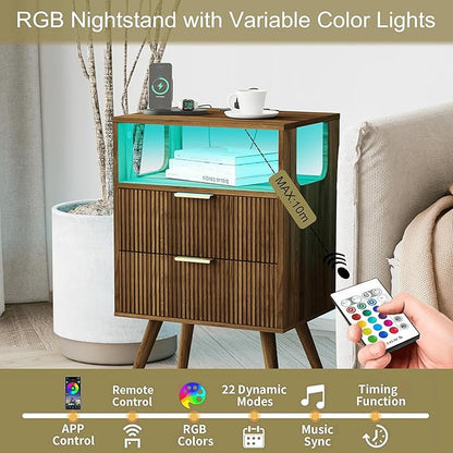 JOONEE Nightstand with Charging Station and LED Lights, Modern Bedside Table - Image 5