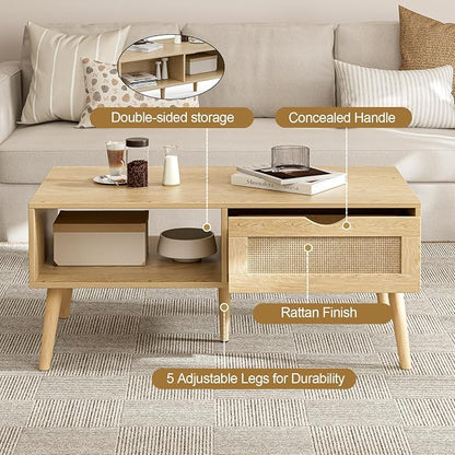 ZttRiee Coffee Table with Storage, Boho Dining Table with Rattan Drawer and - Image 4