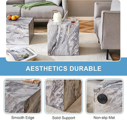 16'' Cube Coffee Table with Marble Stone Pattern, Square No Assembly End Table - Image 5