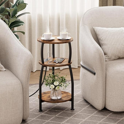 Round Side Table with Power Outlet & USB Ports, 3-Tier End Table with Storage - Image 5