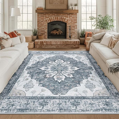 RELEANY Area Rugs Square 8ft Washable Non-Slip, Floral Vintage Distress Print by RELEANY