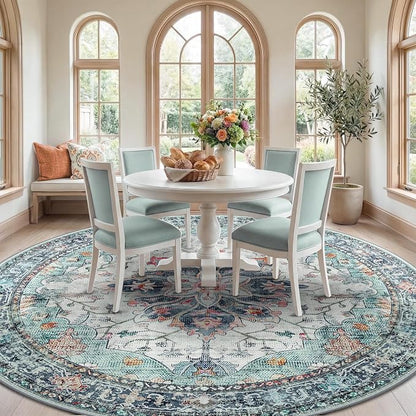 RELEANY Area Rugs Round 10ft Washable Non-Slip, Floral Vintage Distress Print - Image 3
