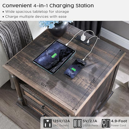 T4TREAM 24'' Farmhouse End Table w/4 Solid Wood Feet Set of 2, Large 2 Drawers - Image 3