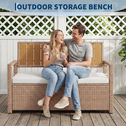 Outdoor Storage Bench with Cushion, Hand-Woven Yellow Wicker Deck Box with - Image 7