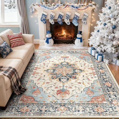 RELEANY Area Rugs 6'x8' Washable Non-Slip, Floral Vintage Distress Print by RELEANY