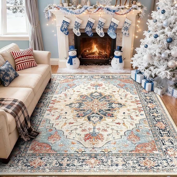 RELEANY Area Rugs 5'x8' Washable Non-Slip, Floral Vintage Distress Print - Image 2