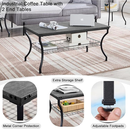 VECELO 3 Pieces Living Room Table Sets, Coffee and End Tables - Image 3