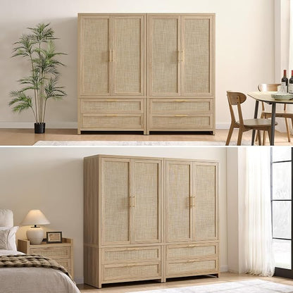 SICOTAS Rattan Armoire Wardrobe Closet Cabinet, and Hanging Rod, Boho - Image 8