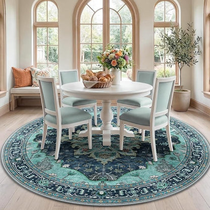 RELEANY Area Rugs Round 7ft Washable Non-Slip, Floral Vintage Distress Print by RELEANY