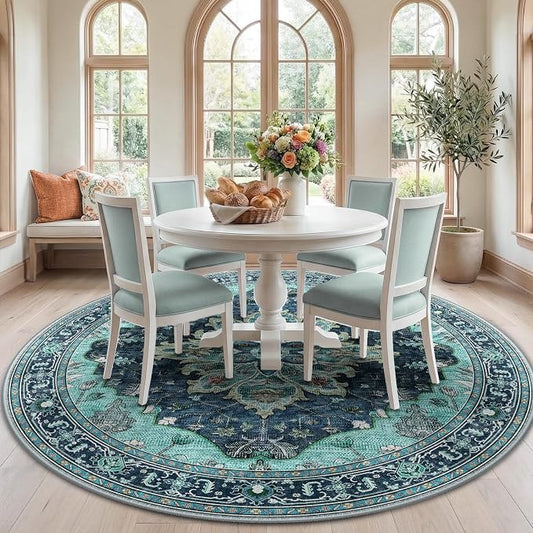 RELEANY Area Rugs Round 7ft Washable Non-Slip, Floral Vintage Distress Print by RELEANY
