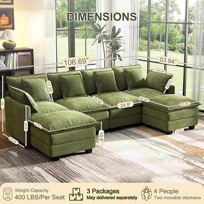 107" Cloud Couch Sectional, U Shaped Modular Sectional Sofa, 4-Seat Deep Seat - Image 3