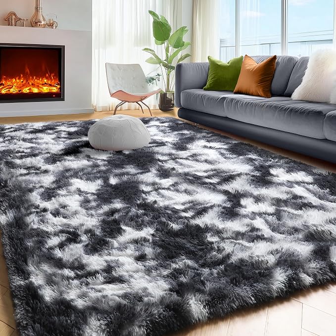 PAGISOFE Black White Rugs for Living Room 6x9, Shag Fuzzy Fluffy Rugs for - Image 3
