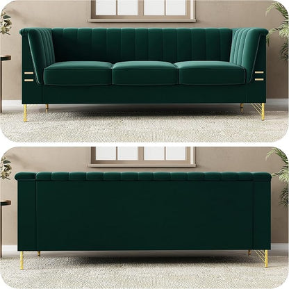 83.46" W Green Velvet Sofa Couch - Image 5