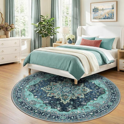 RELEANY Area Rugs Round 8ft Washable Non-Slip, Floral Vintage Distress Print - Image 3