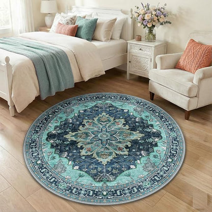 RELEANY Area Rugs Round 4ft Washable Non-Slip, Floral Vintage Distress Print - Image 3