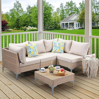 Jing's Villa 5-Piece Outdoor Patio Furniture Set, Ratten Conversation Sectional - Image 9