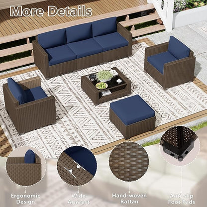 LOUVIXA 7 Piece Outdoor Patio Furniture Set, Rattan Chairs Glass Table Wicker - Image 5