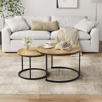 Smuxee Nesting Coffee Table Set of 2, 27.6" Round Coffee Table Wood Grain Top - Image 3
