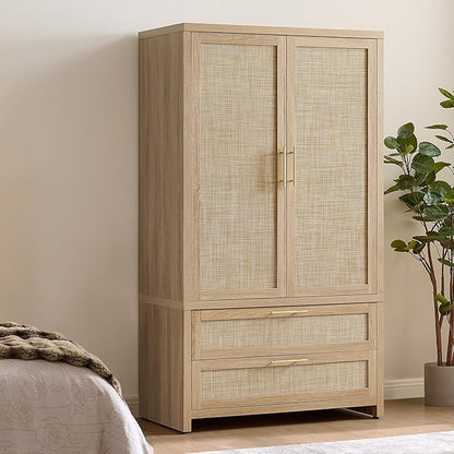 SICOTAS Rattan Armoire Wardrobe Closet Cabinet, and Hanging Rod, Boho by SICOTAS