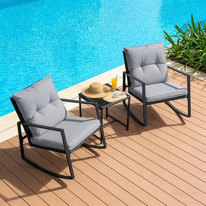 SUNCROWN 3 Piece Outdoor Rocking Bistro Set Black Wicker Furniture Porch Chairs - Image 3