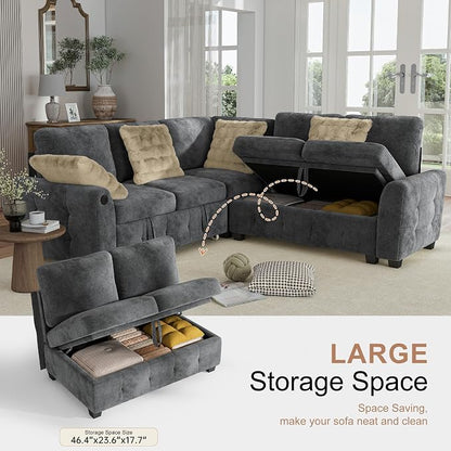 Hanherry Sectional Couch with Pull Out Sofa Bed, Chenille Sleeper Sofa with 2 - Image 3