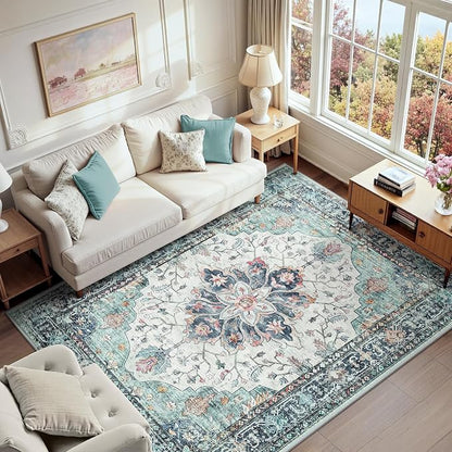 RELEANY Area Rugs 6'x9' Washable Non-Slip, Floral Vintage Distress Print by RELEANY