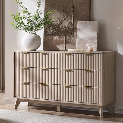 T4TREAM Fluted 6 Drawers Dresser, Curved Profile Design, Dresser TV Stand by T4TREAMFurniture