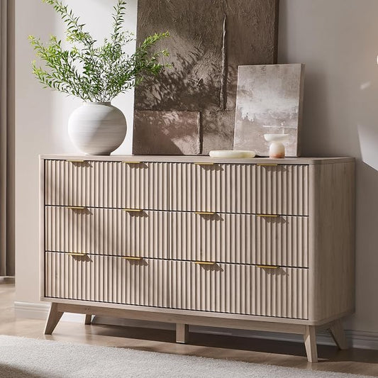 T4TREAM Fluted 6 Drawers Dresser, Curved Profile Design, Dresser TV Stand by T4TREAMFurniture