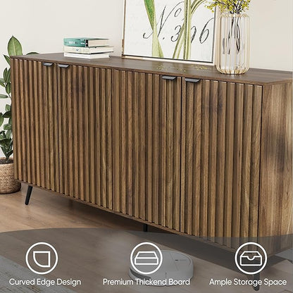 Smuxee 63" Fluted Sideboard Cabinet, Freestanding Walnut Buffet Cabinet - Image 6