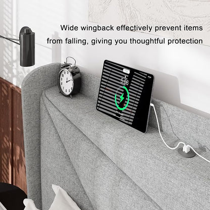 Feonase Full Bed Frame with Charging Station, Linen Upholstered Platform - Image 4