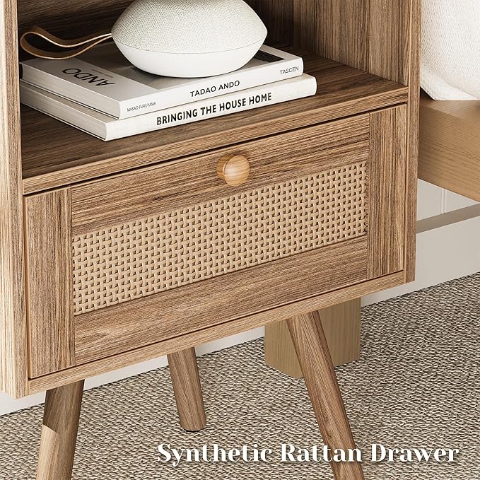 SUPERJARE Nightstand with Charging Station & Rattan-Like Decor Drawer, Rattan - Image 6