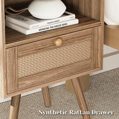 SUPERJARE Nightstand with Charging Station & Rattan-Like Decor Drawer, Rattan - Image 6