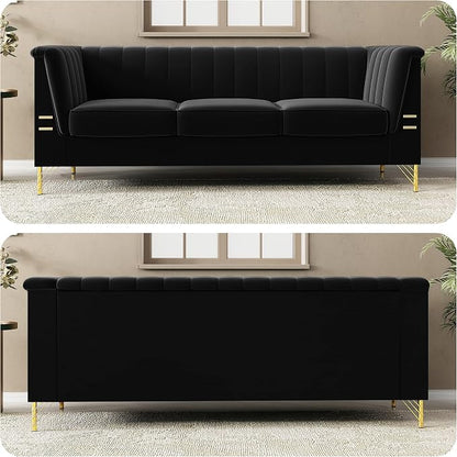 83.46" W Black Velvet Sofa Couch - Image 6