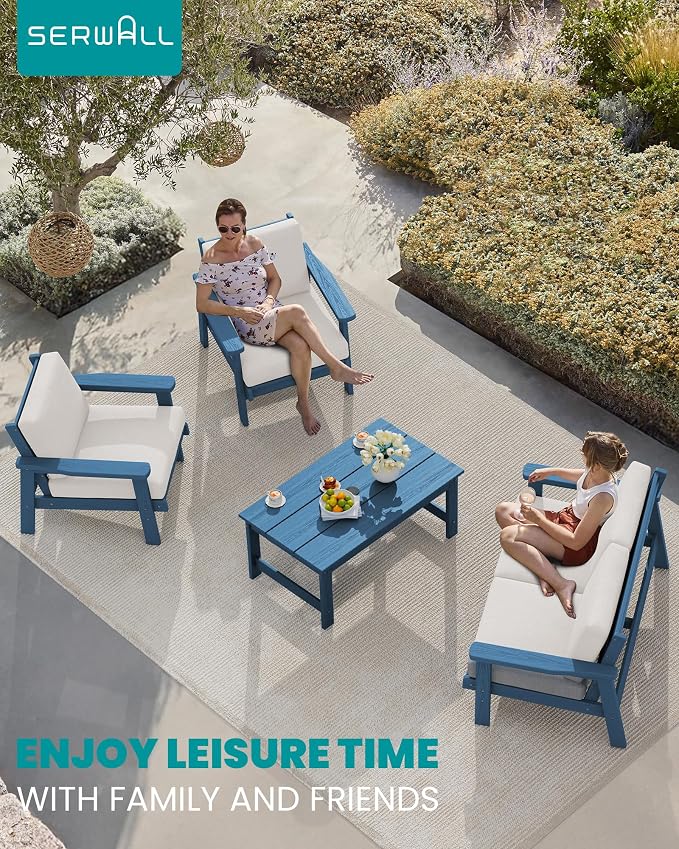 SERWALL 4 Piece HDPE Outdoor Furniture Set, All Weather Wood-Like Outdoor Sofa - Image 9
